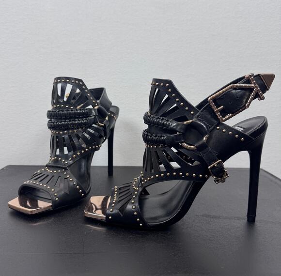 Ivy Kirzhner Shoes - Ivy Kirzhner NY Strappy Studded Black Gold Heels Sandals Punk Glam Designer 7.5m